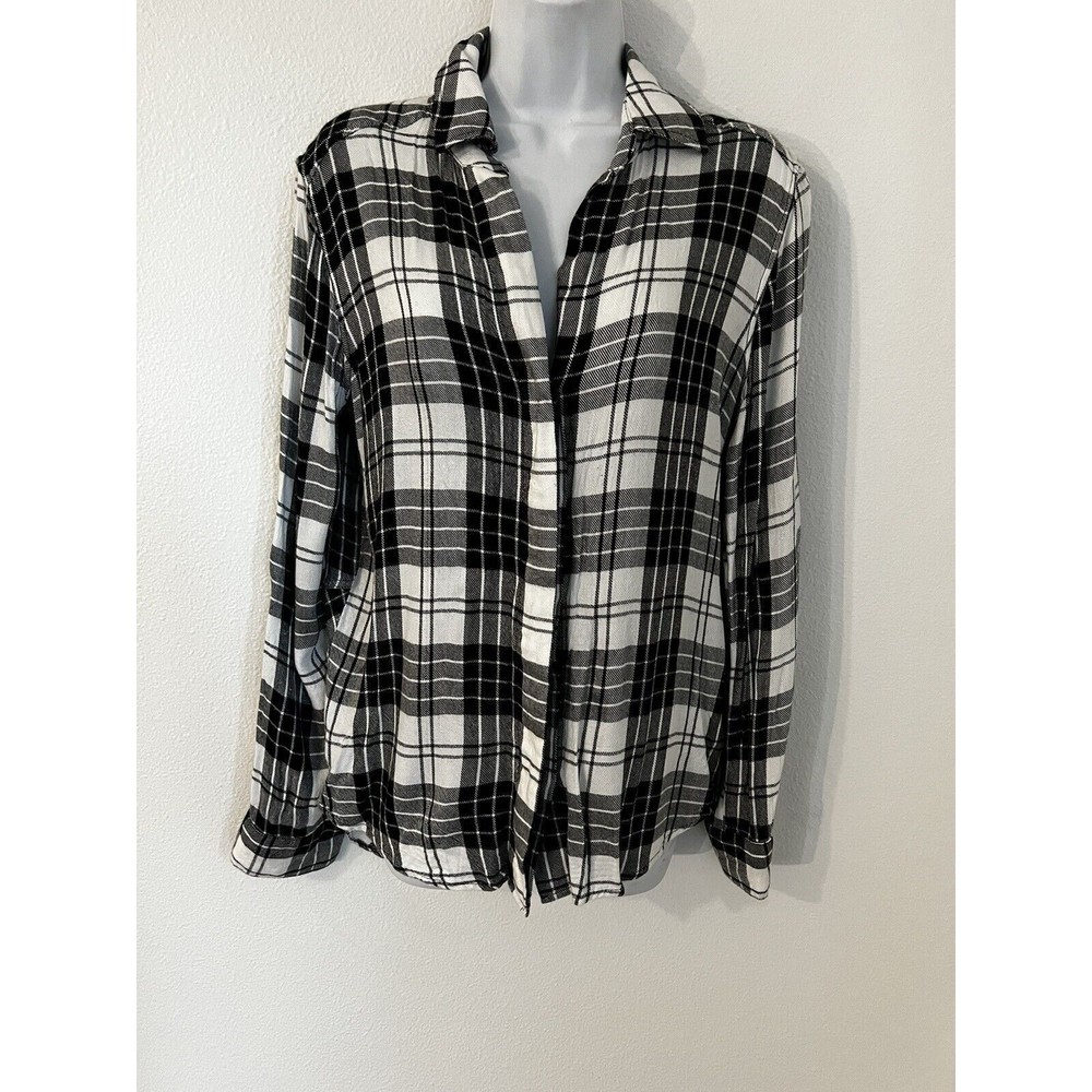 Sam Edelman Zip Split Back Plaid Flannel Shirt Hi Lo Roll Tab Sleeve Black M